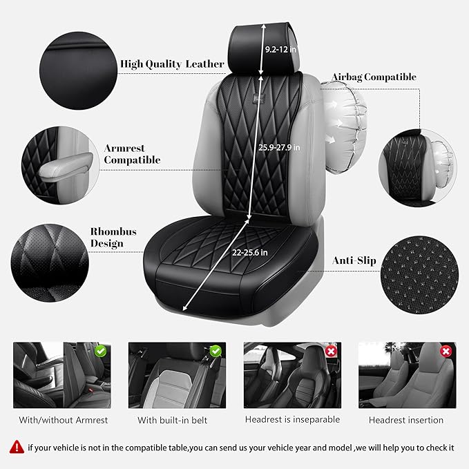 CAR PASS Luxury Napa Leather Front Car Seat Covers, Sideless Car Seat Protectors with Storage Pocket, Non-Slip Automotive Seat Cover for Cars Trucks SUV, Airbag Compatible, 2 Pack (Black)