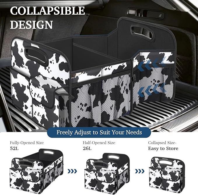Femuar Car Trunk Organizer, Cow Print, Vintage Style, 52L Capacity, 4 Compartments, Waterproof, Non-Slip, Collapsible, 22.5"D x 18"W x 10.8"H