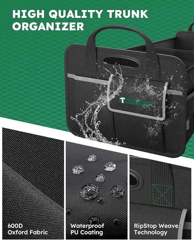 2-Compartment Trunk Organizer & Multi-Compartment Storage Box 600D Waterproof Oxford, with Reflective Strips and 8 Side Mesh Pockets for SUV, Sedan, Minivan- Heavy-Duty Car Organiser(65L)