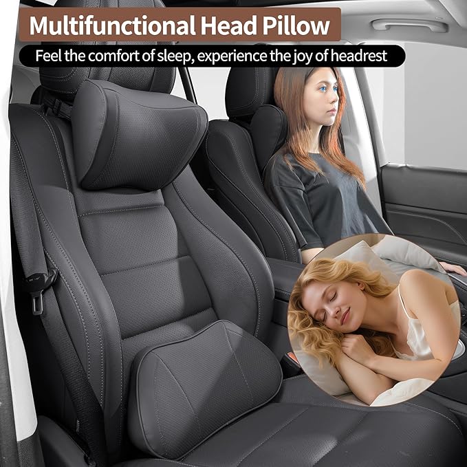 Car Headrest Pillow 100% Memory Foam, Breathable Removable Leather Cover, Premium Seat Support Head Neck Cushion for Driving Travel Home Office, Black, 1 Pack