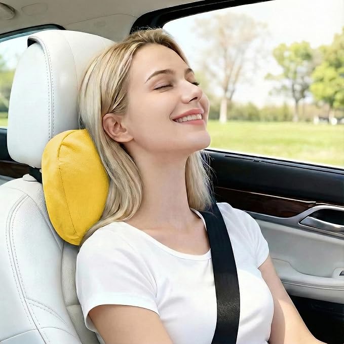 2PCS Car Pillow for Car Neck Pillow for Driving Seat Lumbar Support Soft Cushion with Extra Filling Accessories Back Support for Travel Nap and Trips Sleeping (Golden, Head)