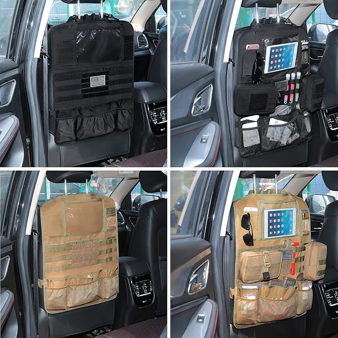 Tactical Car Seat Back Organizer Upgraded Tactical Molle Seatback Cover Protector Universal Fit Vehicles Truck MPV Pickup (Black)
