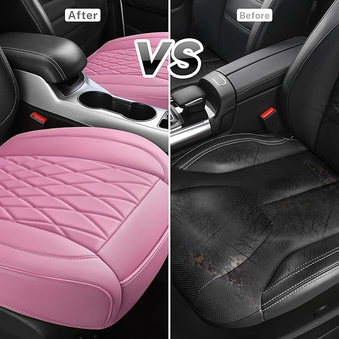CAR PASS 2 Pack Leather Front Car Seat Covers, Bottom Seat Covers Full Wrapped with Storage Pocket, Anti-Slip Leather Seat Protectors,Waterproof Seat Cushion Pad Universal Fit Sedan SUV Truck, Pink