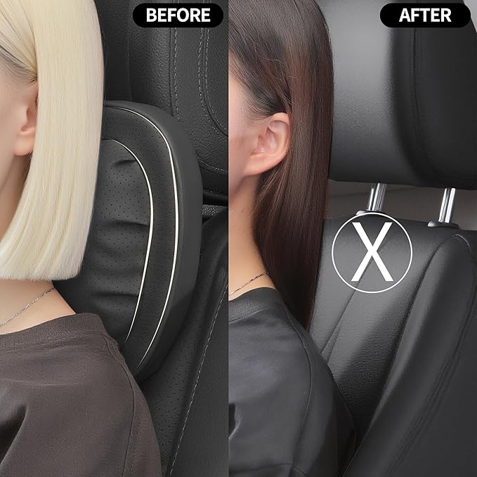 Car Neck Pillow [No More Pressure] Soft Comfortable Premium Leather Headrest with Adjustable Strap – Ergonomic Support for Driving, Office & Gaming, Black, 2 Pack