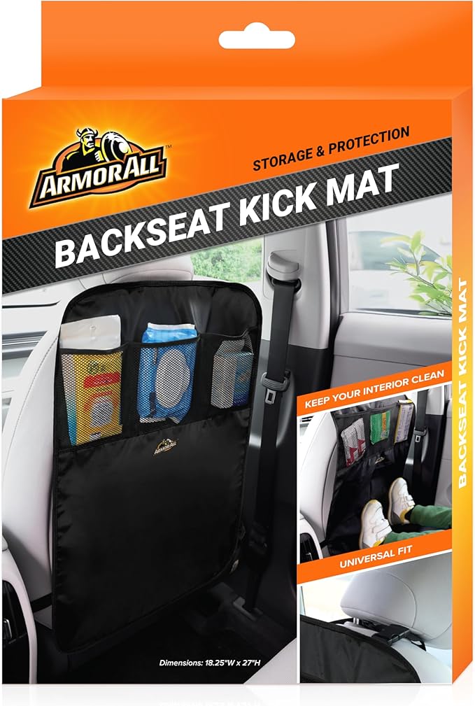 Armor All Car Backseat Kick Mat with Storage, Backseat Kick Protector for Kids with 3 Mesh Pockets, Protects from Kicks, Scratches, Scuffs, Spills, Stains, 3 Adjustable Straps for Easy Installation