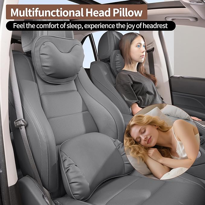 Car Neck Pillow [No More Pressure] Soft Comfortable Premium Leather Headrest with Adjustable Strap – Ergonomic Support for Driving, Office & Gaming, Gray, 1 Pack