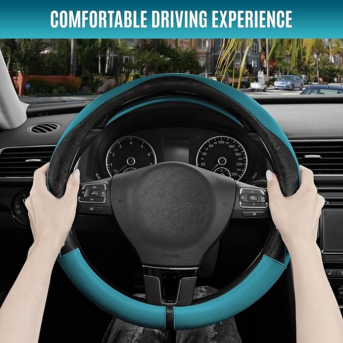 PIC AUTO Steering Wheel Cover, Black Patterned & Blue Leather Patchwork Design, Universal Fit 14.5"–15.5", Anti-Slip, Odor-Free, Soft PU Grain Leather, Durable Grip Car Accessory for Girls & Women