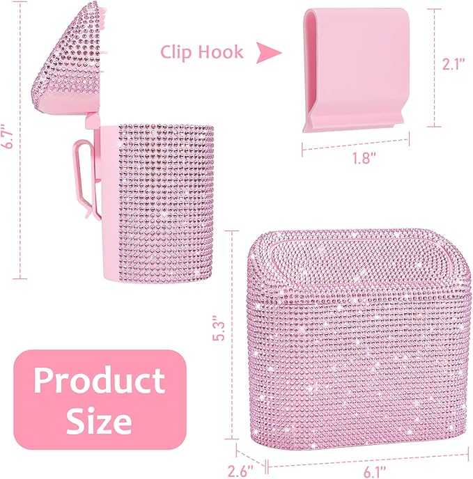 Accmor Bling Car Trash Can with Lid, Leak-Proof Mini Vehicle Trash Bin Automotive Dustbin Organizer Storage, Sparkling Crystal Trash Bag Container with 30pcs Garbage Bags for Car, Home, Office (Pink)