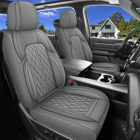 Car Seat Cover Custom Fit for Dodge Ram 1500 2500 3500 2002-2026 Faux Leather Seat Cover Set Compatible with Crew Quad Regular Cab Pickup Truck Cushions (Grey, Full Set, Curved Rear)