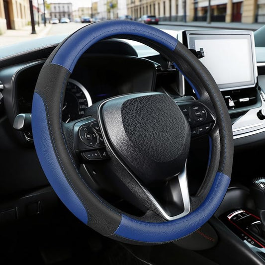 SEG Direct Car Steering Wheel Cover for Prius Civic Model 3 Model Y Camaro, Small Size 14-14.25 inch, Black and Blue Microfiber Leather