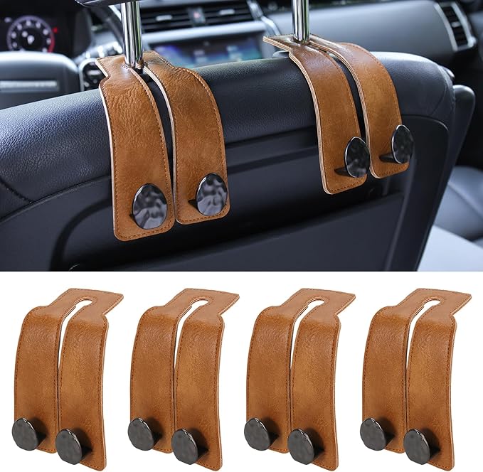 4 PCS Leather Car Seat Hooks for Headrest, Vehicle Hanger Storage Organizer Universal for Handbag Purse, Car Accessories Gift (Brown-Black-4 PCS)