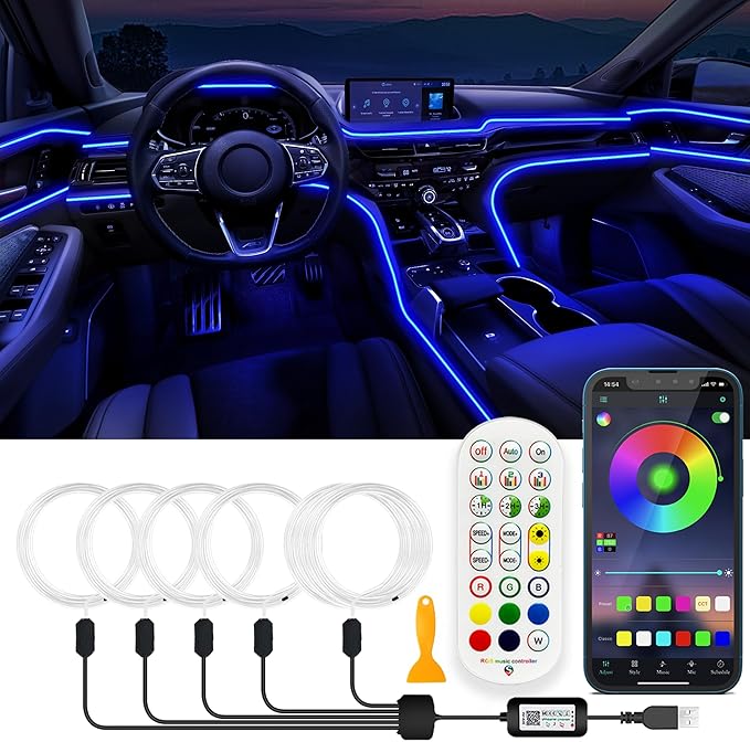 USB Car LED Lights, Interior Car Lights Strip with APP and RF Remote Control, 5 in 1 Ambient Lighting with 276 inches Fiber Optic Music Sync Simple Installation EL Wire Lights (5 in 1/276 inches)