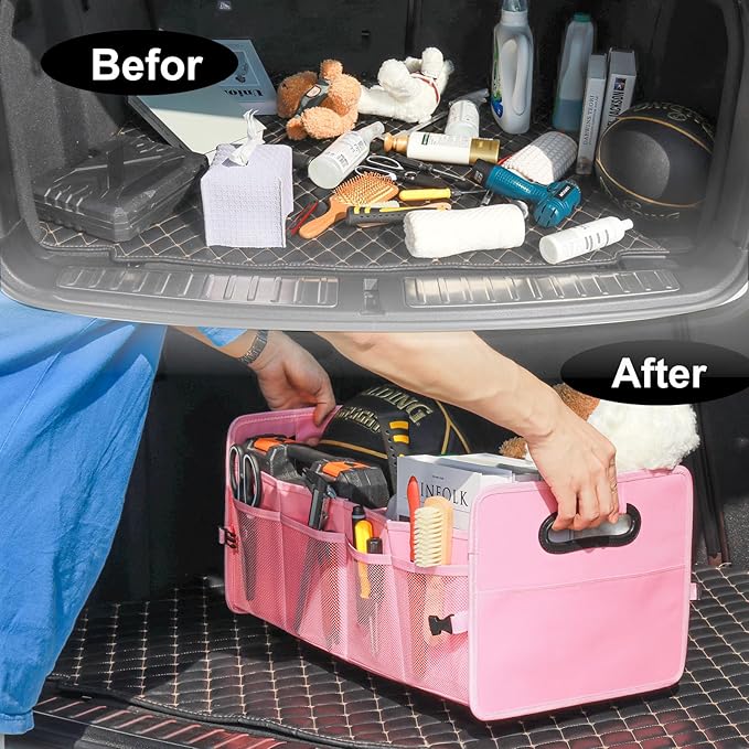 JiatuA Car Trunk Organizer, Car Organizers and Storage Collapsible Multi Compartment Container Box, Adjustable Car Accessories for SUV Sedan Truck, Standard Size, Pink