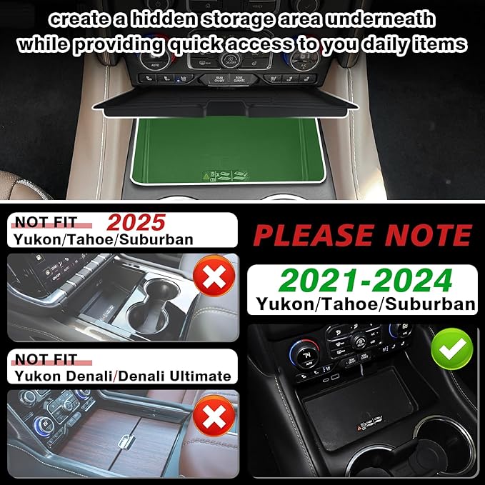 Muslogy Front Center Console Organizer & Cup Holder Inserts Compatible with 2021-2024 GMC Yukon Chevy Tahoe Suburban Accessories Front & Rear Silicone Drink Holder 2PCS & Middle Console Removable Lid