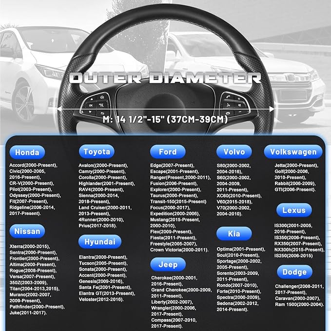 SEG Direct Car Steering Wheel Cover Universal Standard Size 14.5-15 inch, Black and Blue Microfiber Leather