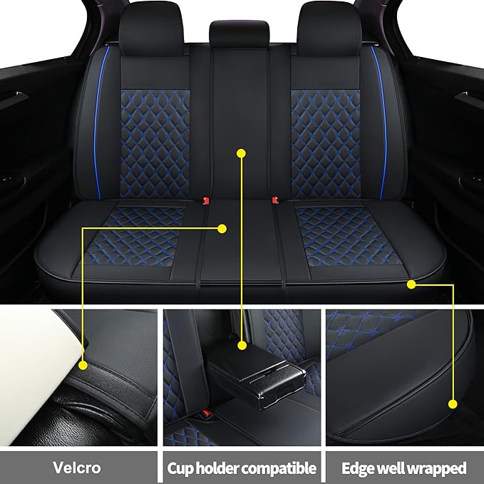 Car Back Seat Covers,Rear Seat Covers,Universal Fit for Most Cars,SUV,Sedans and Pick-up Trucks,Automotive Faux Leather Vehicle Cushion Covers(Rear Seat Covers,Black/Blue)