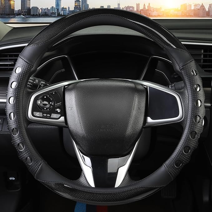 PU Leather Car Steering Wheel Cover with Anti-Slip Grip, for Women and Men, Universal Fit for 14.5-15 Inch Cars, Trucks, SUVs (Black (Round), Medium(Standard) Size[14 1/2''-15''])