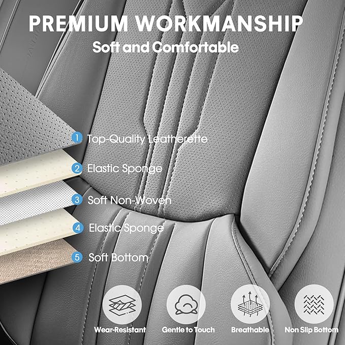 AOOG Car Seat Covers Custom Fit for Ford F150 2009-2026, Faux Leather Seat Cover Set for2017-2026 F250 F350 F450, Accomodating Regular Cab Super Cab Super Crew Pickup Truck Cushions(Grey, Front Seat)