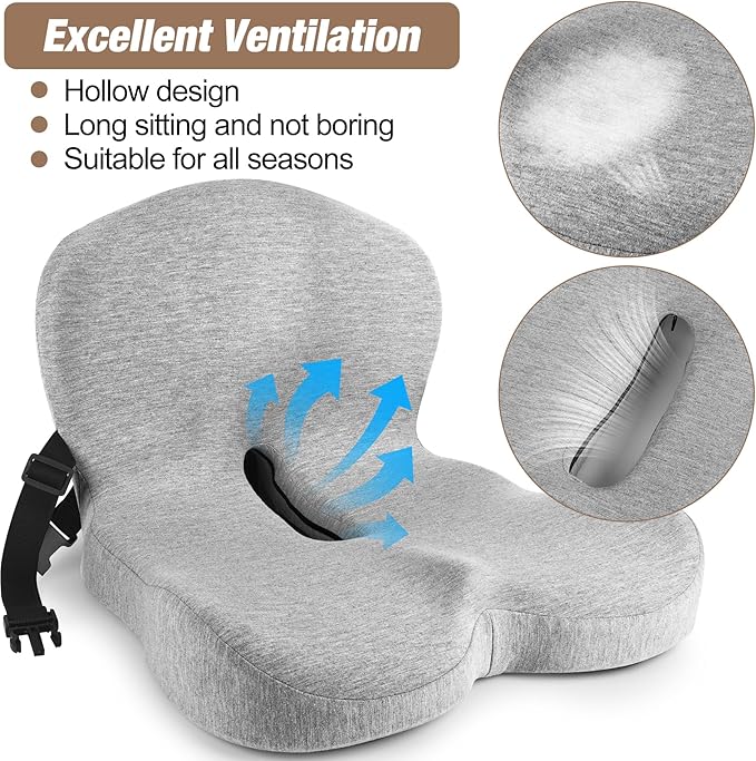 MYFAMIREA Truck Seat Cushion, Memory Foam Trucker Seat Cushion for Truck Driver Long Sitting with Adjustable Strap, Back Support and Pain Relief for Trucker Driving Office Chair and Pain, Light Gray