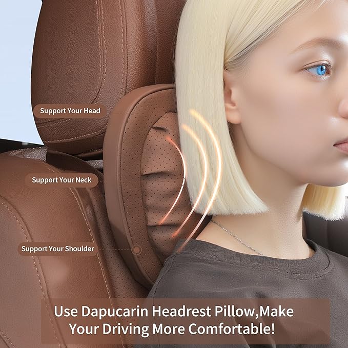 Car Neck Pillow [No More Pressure] Soft Comfortable Premium Leather Headrest with Adjustable Strap – Ergonomic Support for Driving, Office & Gaming, Brown, 1 Pack