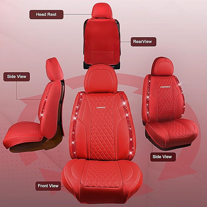 CAR PASS Nappa Leather Bling Diamond Car Seat Covers Full Set Universal Cushioned, Waterproof Heavy-Duty Anti-Slip Luxury Leather, Fit for SUV Sedan, Sparkly Glitter Shining Crystal Red Rhinestones
