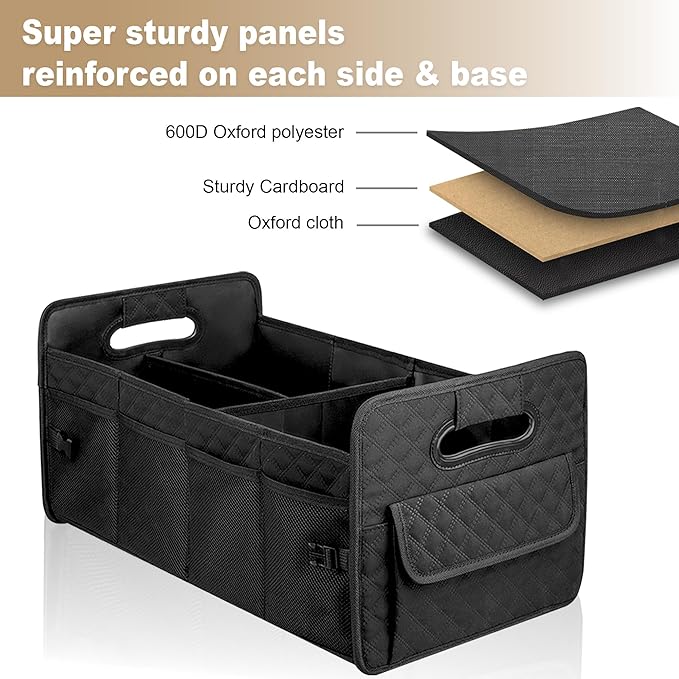 JiatuA Car Trunk Organizer for SUV, Car Storage Organizer Collapsible Multi Compartment Container Box, Adjustable Car Accessories for Women/Men, Large Black