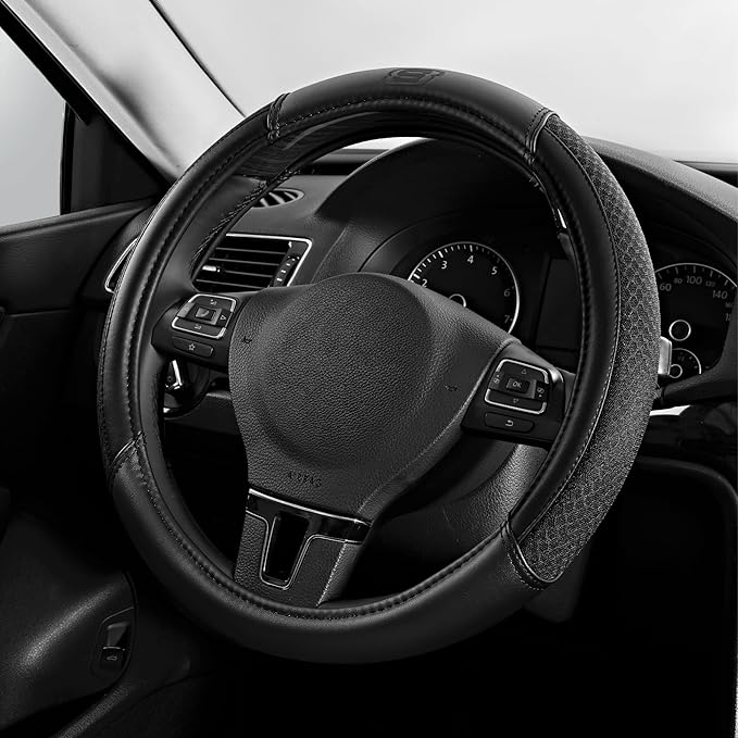 Skechers Air-Cooled Steering Wheel Cover,Leather Car Steering Wheel Cover Universal Fit 14" 1/2-15" Car Wheel Protector for Men Women Fit Suvs,Vans,Sedans,Car,Trucks,Black