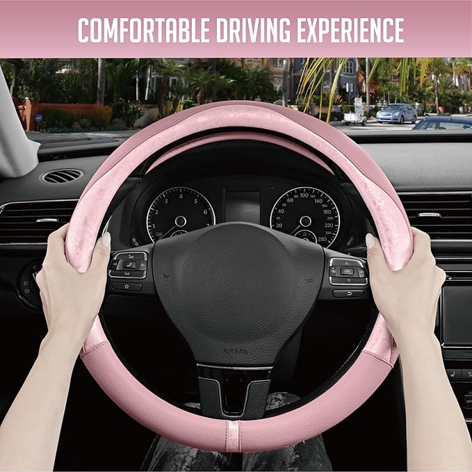 PIC AUTO Steering Wheel Cover, Pink Patterned Leather Patchwork Design, Universal Fit 14.5"–15.5", Anti-Slip, Odor-Free, Soft PU Grain Leather, Durable Grip Car Accessory for Girls & Women