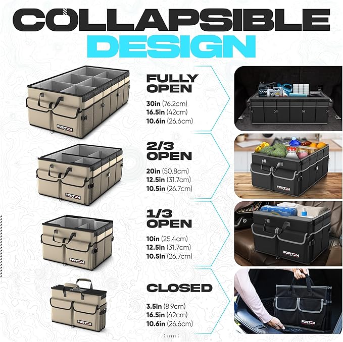 FORTEM Trunk Organizer with Cooler For SUV Car Trunk, Foldable Storage, Car Accessories for Women Men, Collapsible Bag, Perfect Christmas Gifts, 600D Oxford, Non Slip Bottom, Straps, Soft Cover (105L)