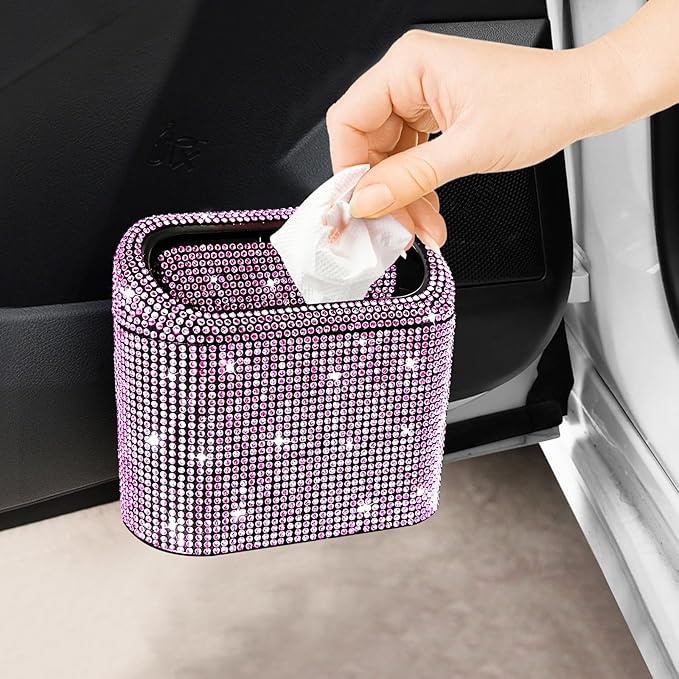 Accmor Bling Car Trash Can with Lid, Vehicle Trash Bin Car Dustbin Garbage Organizer Storage, Sparkling Crystal Mini Auto Trash Bags Holder Container with 30pcs Garbage Bags for Cars, SUV, Truck