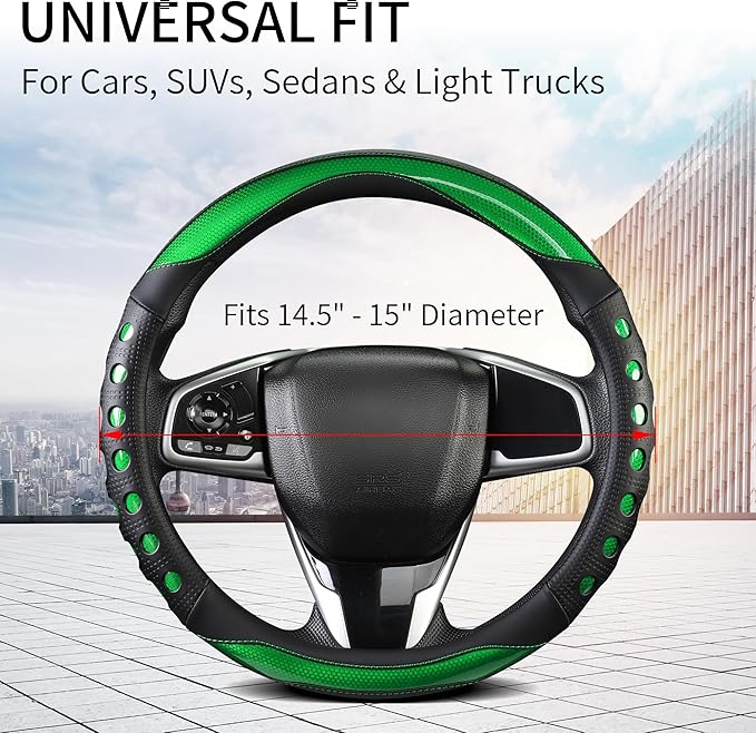 PU Leather Car Steering Wheel Cover with Anti-Slip Grip, for Women and Men, Universal Fit for 14.5-15 Inch Cars, Trucks, SUVs (Green (Round), Medium(Standard) Size[14 1/2''-15''])
