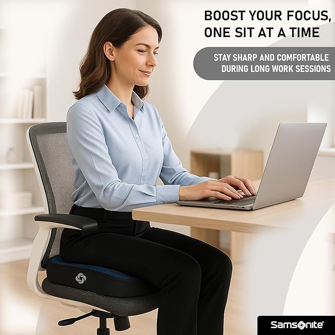 Samsonite Memory Foam Seat Cushion for Car & Office Chair – Tailbone Pain Relief, Cooling Pillow, Ergonomic Posture Corrector, Car Accessories & Home Office Essentials