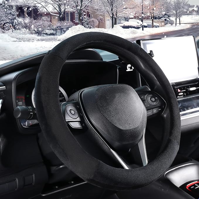 SEG Direct Car Steering Wheel Cover for F-150 Tundra Range Rover 15.25-16 inch, Warm Plush, Summer Winter, Black