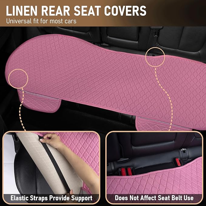 3 PCS Linen Car Seat Covers with Storage Pocket, Back Seat Covers Protectors with Non-Slip, Breathable Bench Seat Covers Universal Fit for SUVs, Cars, Trucks (Pink)