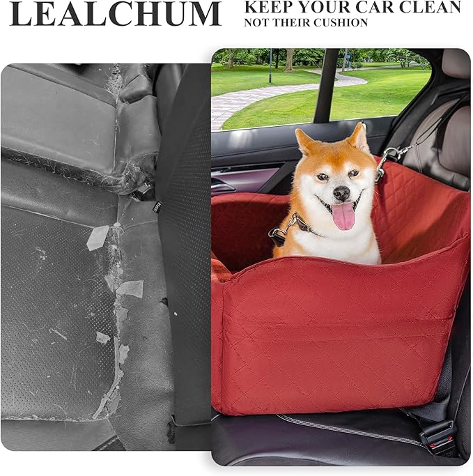 Dog Car Seat for Medium/Large Dogs,2 Clip-On Safety Leashs for 2 Small Dogs,Removable and Washable Comfy Pet Car Seat,Easy to Install and Clean (Red, Large)