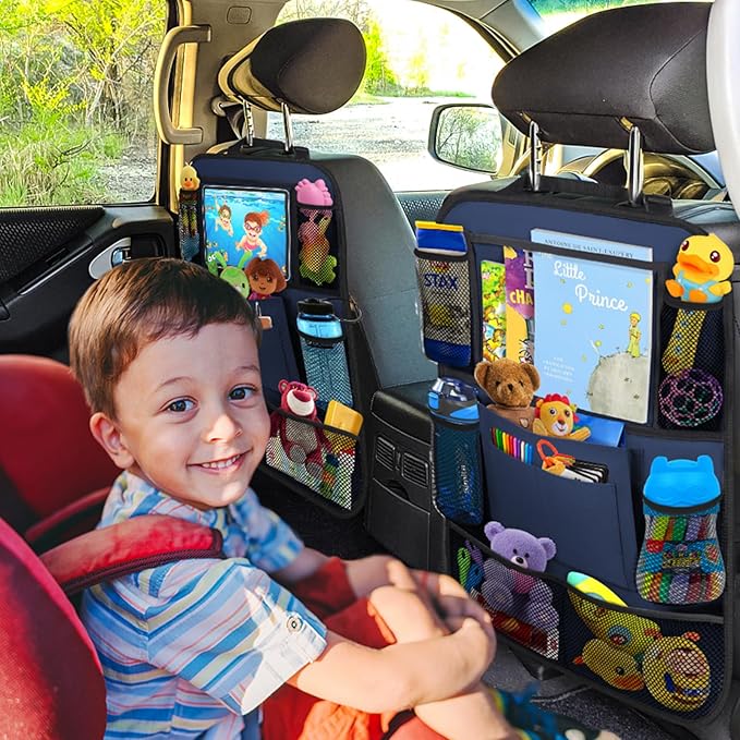 Car Backseat Organizer with 11" Table Holder, 10 Storage Pockets Seat Back Protectors Kick Mats for Kids Toddlers, Travel Accessories, 2 Pack, Blue