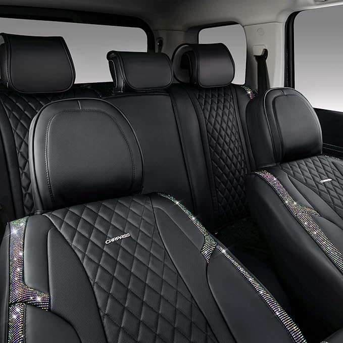 CAR PASS Iridescent Diamond &NAPPA Calfskin Leather Cushioned,Bling Seat Covers,Waterproof Heavy-Duty Anti-Slip,Universal Fit for Auto SUV Sedan,Sparkly Glitter Shining Rhinestone Full Set, Multicolor