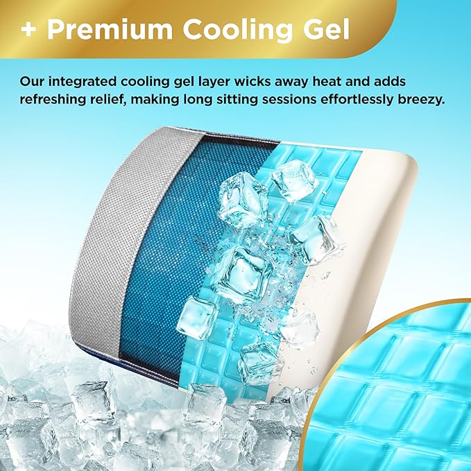 BLACK+DECKER Cooling Gel Lumbar Memory Foam Cushion – Ergonomic Back Support Travel Pillow with Ventilated Mesh, Adjustable Strap, Slow Rebound Memory Foam, Washable Cover