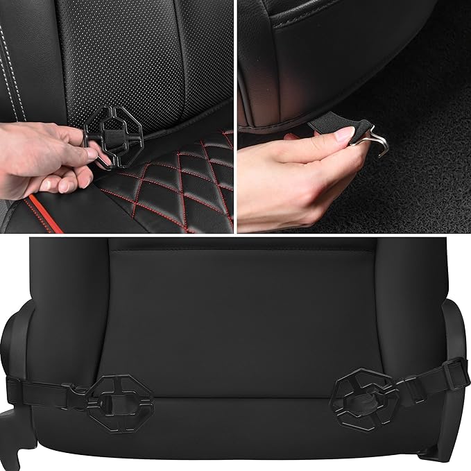 CAR PASS 2 Pack Leather Front Car Seat Covers, Bottom Seat Covers Full Wrapped with Storage Pocket, Anti-Slip PU Seat Protectors,Waterproof Seat Cushion Pad Universal Fit Sedan SUV Truck, Black/Red