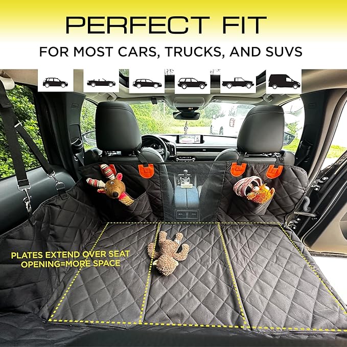 Dog Car Seat Cover for Back Seat | Universal Hard Bottom Back Seat Extender for Car, Truck, SUV | Waterproof Cargo and Truck Bed Protector Hammock with Storage Pockets for Medium & Large Dogs