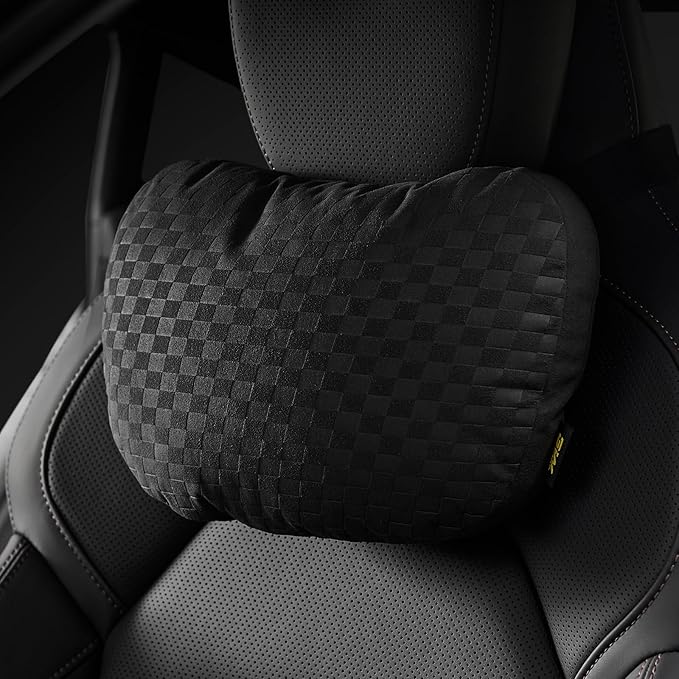 3W Headrest Pillow for Driving with Bio-Fleece Filling, Breathable Suede Cover, Ergonomic Design for Pain Relief, Cushion with Adjustable Strap for Car Automative, Black