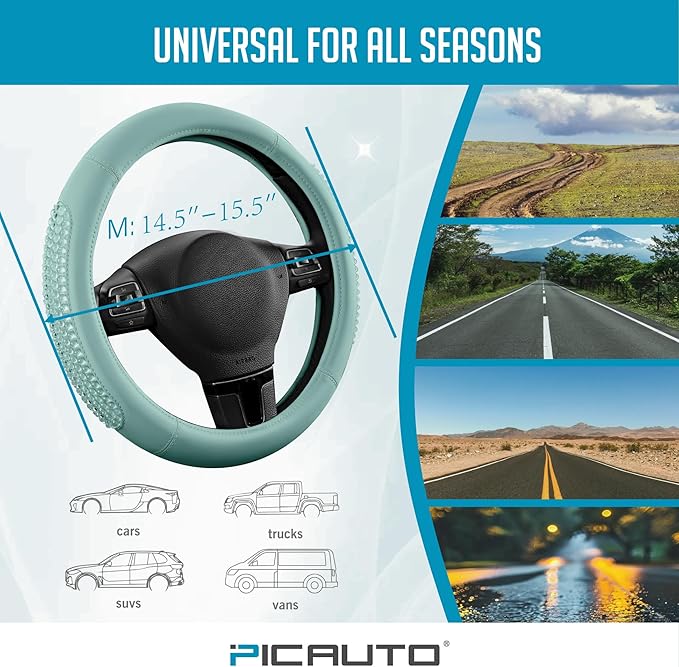 PIC AUTO Steering Wheel Cover, Glitter Gel Particles & Mint Luxury Leather Car Steering Cover, Universal Fit 14.5"-15.5" Anti-Slip Car Wheels Cover for Girls & Women