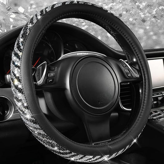 CAR PASS Bling Diamond Leather Steering Wheel Cover, with Bling Sparkly Crystal Glitter Rhinestone Universal Fit 14" 1/2-15" Car Wheel Protector Fit for Women Girl SUV,Vans,Sedans,Trucks, Zebra Print