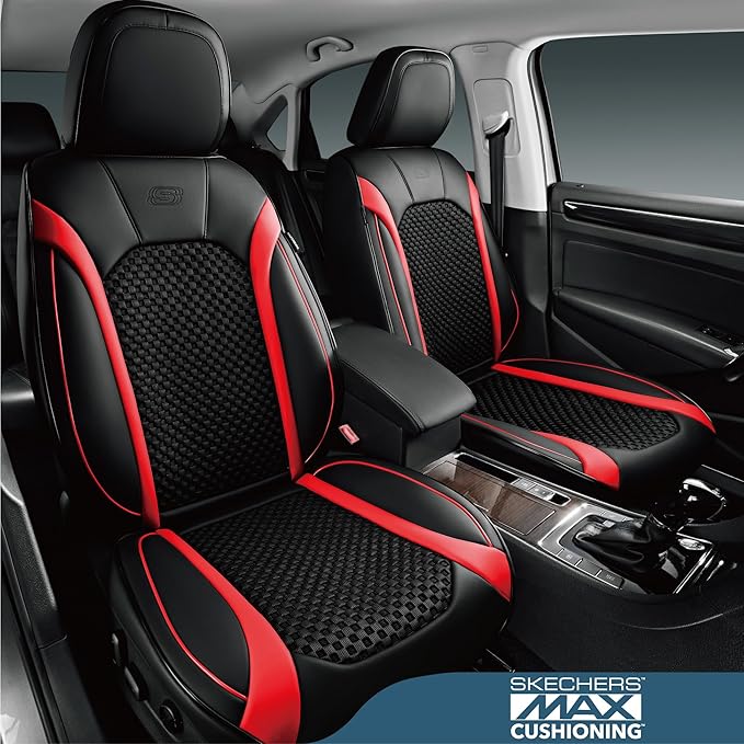 Skechers MAX Cushioning Car Seat Covers,Memory Foam Leather Seat Covers, Air Cooled Car Seat Cover Front Seats,Car Seat Cushion Airbag Universal Fit for Most Cars,Vans,Trucks,SUV,Red
