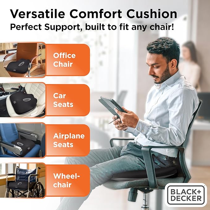 BLACK+DECKER Quilt Knit Car Foam Seat Cushion – Memory Foam Chair Cushion for Office, Car, Wheelchair & Airplane – Ergonomic, Non-Slip, Sciatic Pain Relief, Washable Cover