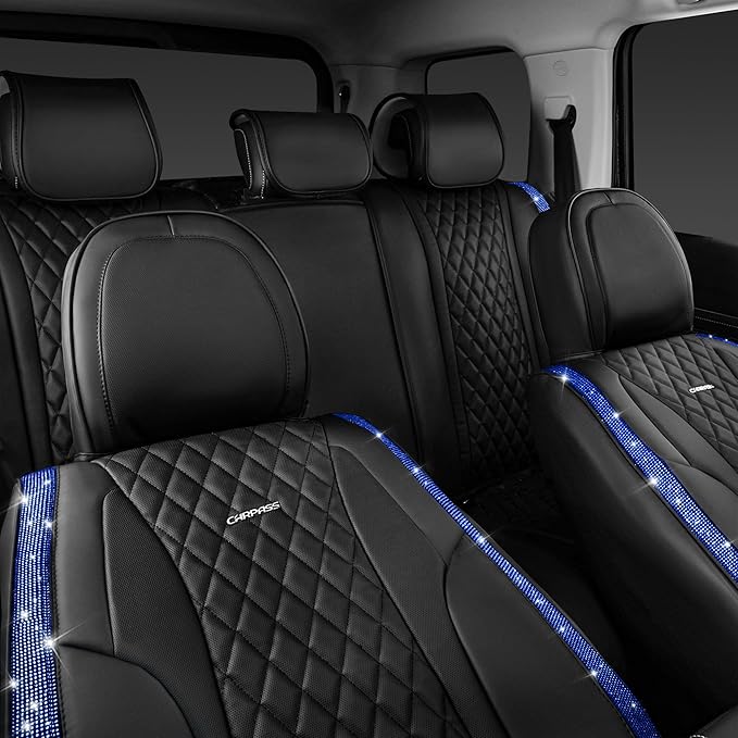 CAR PASS Nappa Leather seat Covers Bling Diamond Car Seat Covers Full Set Universal Cushioned, Waterproof Heavy-Duty Anti-Slip Luxury, Fit for SUV Sedan,Sparkly Glitter Women Crystal Blue Rhinestone