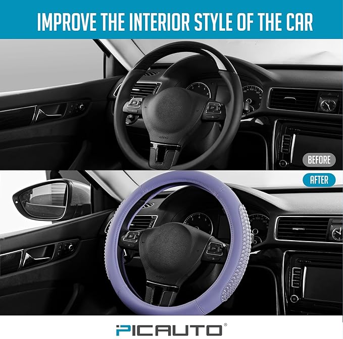 PIC AUTO Steering Wheel Cover, Glitter Gel Particles & Purple Luxury Leather Car Steering Cover, Universal Fit 14.5"-15.5" Anti-Slip Car Wheels Cover for Girls & Women