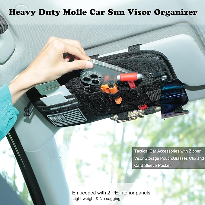 Heavy Duty Molle Car Sun Visor Organizer - Tactical Car Accessories with Zipper Visor Storage Pouch,Glasses Clip and Card Sleeve Pocket, Multi-Pocket Visor Organizer Storage Pouch for Cars SUVs Trucks