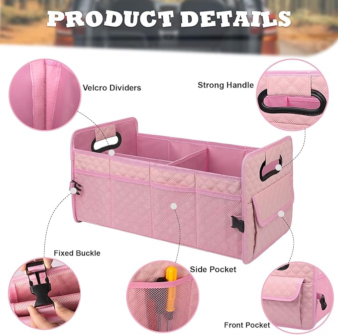 JiatuA Car Trunk Organizer for SUV, Car Storage Organizer Collapsible Multi Compartment Container Box, Adjustable Car Accessories for Women/Men, Pink