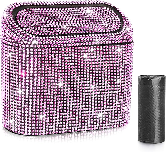Accmor Bling Car Trash Can with Lid, Vehicle Trash Bin Car Dustbin Garbage Organizer Storage, Sparkling Crystal Mini Auto Trash Bags Holder Container with 30pcs Garbage Bags for Cars, SUV, Truck